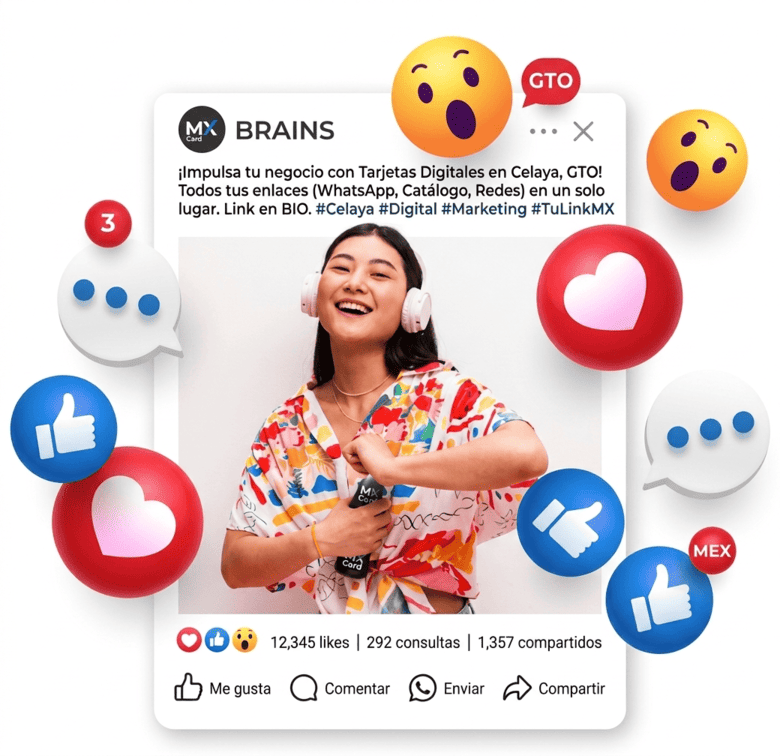 Publicación en redes sociales de Brains Celaya promocionando biolinks y tarjetas digitales.